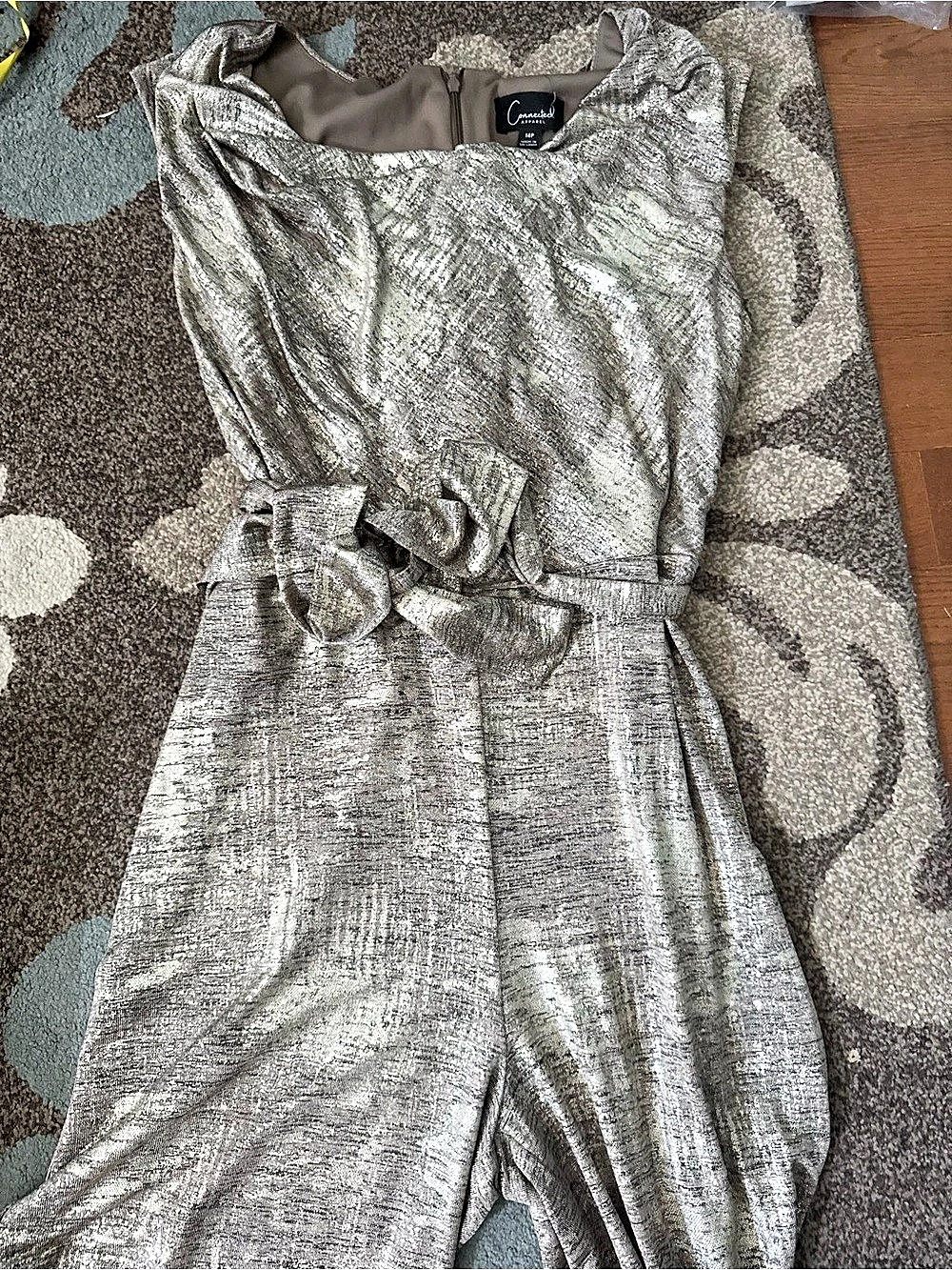 Connected Apparel Metallic Knit Tie Waist Jumpsuit Silver